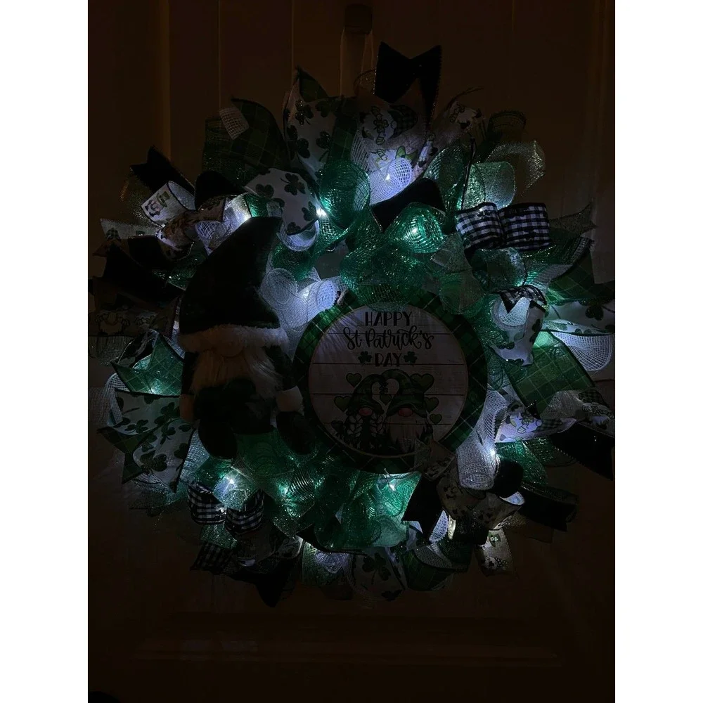 Handmade Happy St. Patrick’s Day Gnome Ribbon Prelit Wreath 22 ins LED W12
